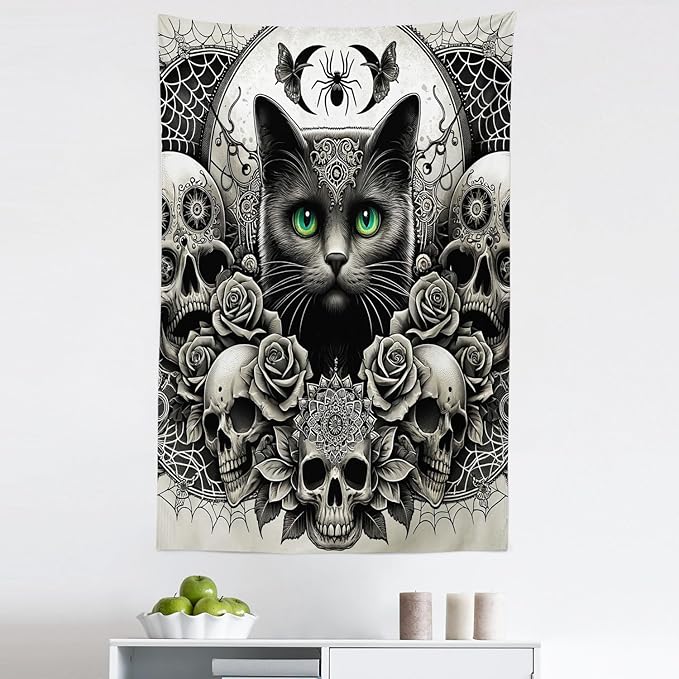 Ambesonne Gothic Tapestry King Size, Classic Spooky Rose Ornated Skulls and Black Cat with Spider Print, Wall Hanging Bedspread Bed Cover Wall Decor, 30" X 45", Dark Grey Green and Eggshell