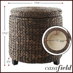 Casafield 17" Round Storage Ottoman with Lid - Espresso, Handwoven Water Hyacinth Footstool for Living Room, Bedroom, Bathroom, Home Office