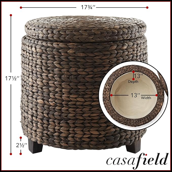Casafield 17" Round Storage Ottoman with Lid - Espresso, Handwoven Water Hyacinth Footstool for Living Room, Bedroom, Bathroom, Home Office