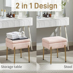 Vanity Stool Chair, Small Ottoman Stool with Storage, Makeup Vanity Chair with Anti-Slip Feet, Footstool Ottoman with Metal Legs, Storage Chairs for Makeup Room, Bedroom, Living Room (Pink)