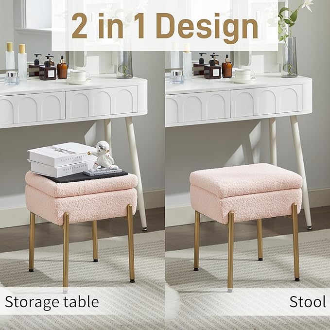 Vanity Stool Chair, Small Ottoman Stool with Storage, Makeup Vanity Chair with Anti-Slip Feet, Footstool Ottoman with Metal Legs, Storage Chairs for Makeup Room, Bedroom, Living Room (Pink)
