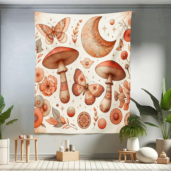 Ambesonne Mandala Tapestry Twin Size, Medieval Witchcore Art Mushroom Butterfly and Crescent with Leafy Details, Wall Hanging Bedspread Bed Cover Wall Decor, 68" X 88", Dark Salmon Eggshell