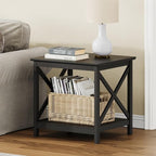 ChooChoo End Tables Set of 2, 24 Inch End Table with 2-Tier Storage Shelf, Side Table for Living Room, Wood Nightstand for Bedroom, Office, Painted Surface, Black