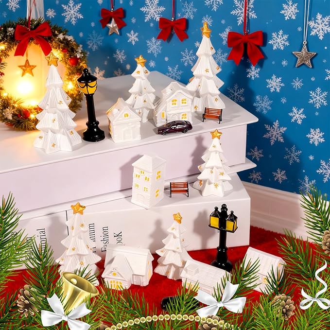 Bbiamsleep 1 Inch Christmas Mini Village Sets White Resin Miniature Village Houses Figurines and Accessories Christmas Miniature Houses for Home Xmas Winter Decor, Set of 19