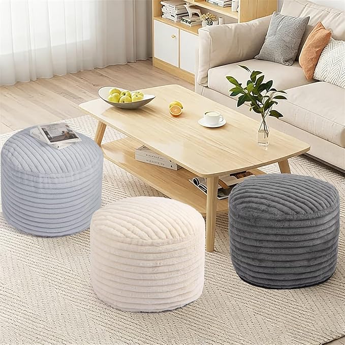 Round Stuffed Pouf Ottoman Foot Rest for Couch Round Ottoman with Foam Chunk Filling Stripe Faux Fur Ottomans for Living Room Floor (26"x18",Beige)