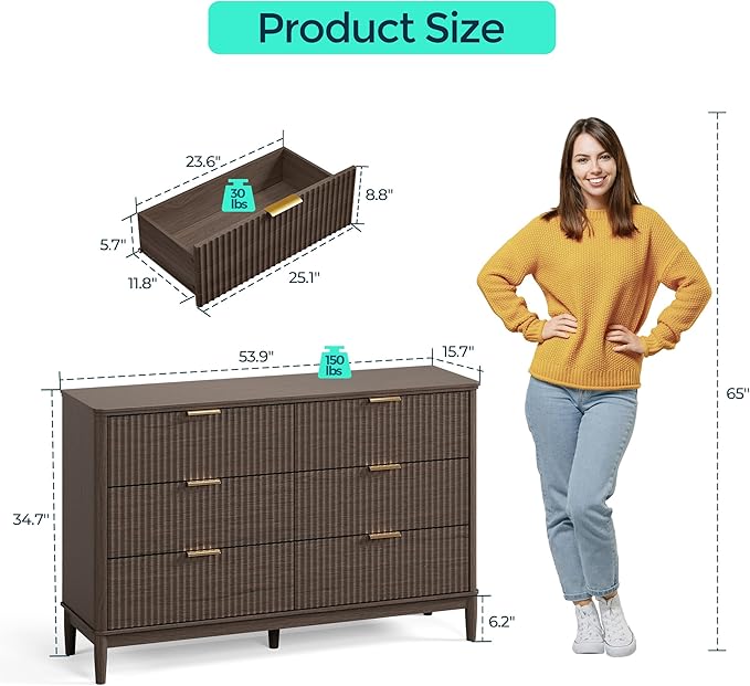 LINSY Fluted Dresser for Bedroom with 6 Drawers, Mid Century Modern Chest of Drawers with Gold Metal Handles, Wide Boho Wood Dressers, Large Farmhouse Storage Cabinet for Bedroom, Living Room, Walnut