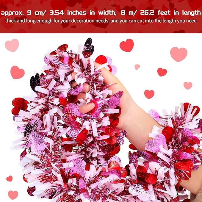 26.2 Feet Valentine's Day Heart Tinsel Garland Love Party Metallic Tinsel Shiny Garland Hanging Decoration for Valentine Wedding Anniversary Party Supplies