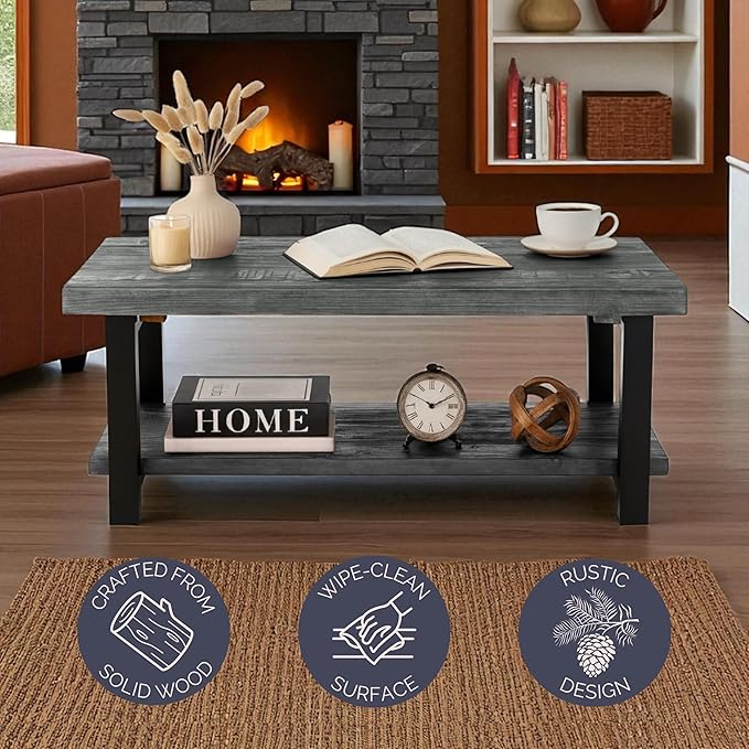 Pomona 2-Tier Rectangular Coffee Table - 42-Inch Reclaimed Wood Top with Lower Shelf Storage and Metal Legs - Farmhouse Rustic Industrial Style Living Room & Office Furniture (Slate Gray)