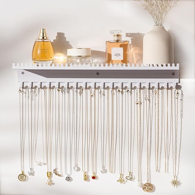 Necklace Holder Wall Hanging Organizer: Wall Mounted Jewelry Shelf with 56 Hooks and Tray, Display Hanger for Kids, Girls and Women, White & Metal