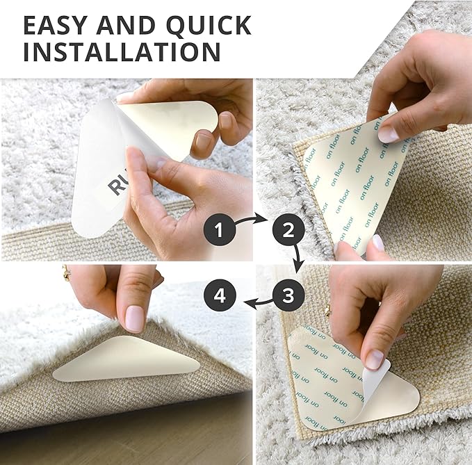 X-Protector Rug Tape - 16 Pcs Set - White Anti-Slip & Anti-Curling Carpet Tape for Hard Floors - Premium Rug Pad Gripper - Carpet Corner Grippers to Keep Your Carpet in Place & Make Corners Flat