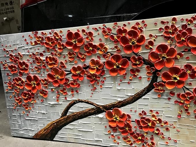 YaSheng Art - hand-painted Oil Painting On Canvas Texture Palette Knife Red Flowers Paintings Modern Home Decor Wall Art Painting Colorful 3D Flowers Tree Paintings Ready to hang 24x48inch