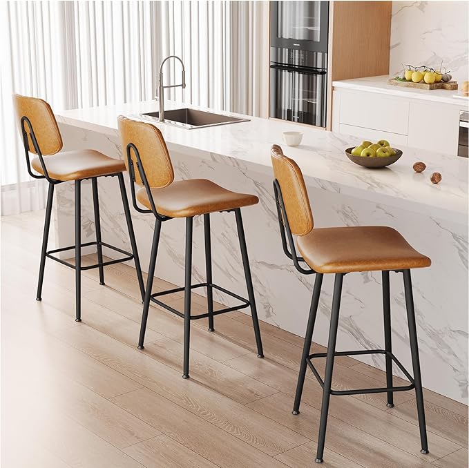 29-Inch Leather Bar Stools Set of 2, Counter Height Barstools with High Backrest，Bar Chairs for Kitchen Island with Heavy Duty Metal Legs, Brown
