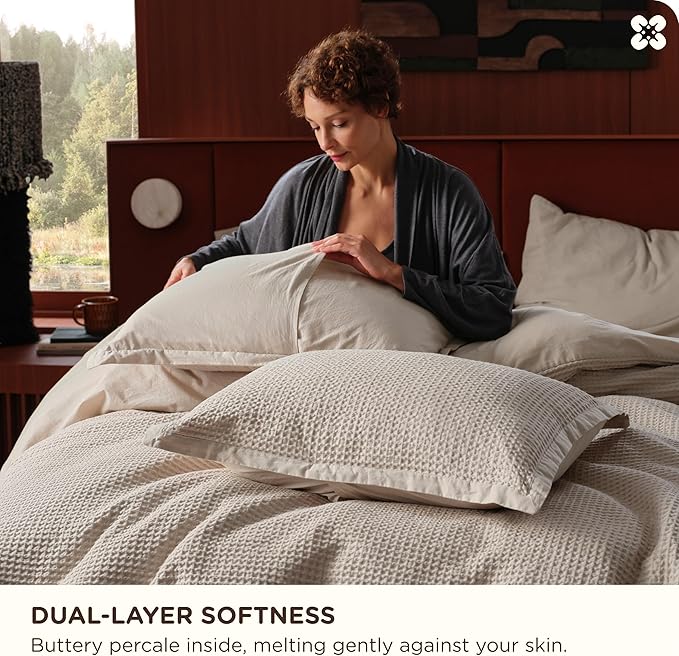 Bedsure Cotton Duvet Cover Queen - 100% Cotton Waffle Weave Linen Color Duvet Cover Queen Size, GentleSoft™ and Breathable Bedding Set for All Season, 3 Pieces, 90"x90"
