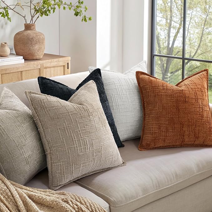 decorUhome Chenille Throw Pillow Covers 16x16 Set of 2, Thick Textured Slubby Neutral Decorative Pillow Covers with Elegant Design for Couch, Sofa, Living Room, Oatmeal