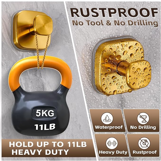 Heavy Duty Reusable Suction Cup Hooks for Kitchen/Bathroom/Shower - Wet-Proof Hooks for Towels, Robes, Loofah&Wreaths/No Drill Mounting on Glass, Tile, Metal (2, Brushed Gold)