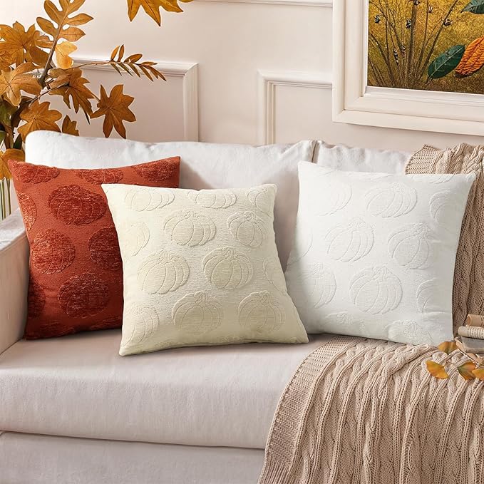 decorUhome Decorative Beige Pumpkin Thanksgiving Throw Pillow Covers 18x18 Set of 2, Soft Chenille Jacquard Farmhouse Textured Pillow Covers for Couch Bed Sofa Autumn Harvest Halloween Holiday