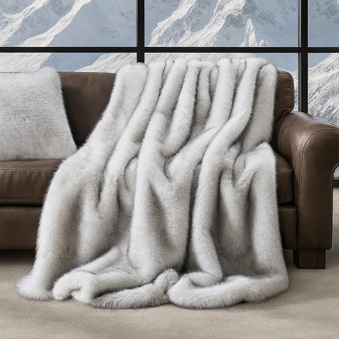 EVERGRACEHOME Luxury Faux Fur Throw Blanket, Soft Fluffy Faux Mink Blankets for Bed, Couch, Sofa, Thick Cozy Plush Warm Fur Throws with Reversible Velvet, Frosted White Wolf, 50"x60"