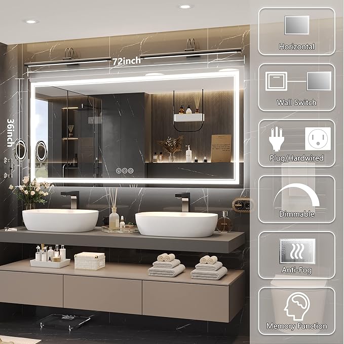 72x36 Inch Led Mirror for Bathroom with Front Light and Backlit, Bathroom Mirror with Led Lights, Vanity Mirror with Lights for Wall, Anti-Fog, Dimmable, Memory Function, Tempered Glass