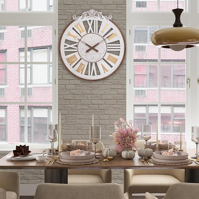 24 Inch Large Farmhouse Wall Clock - Rustic Antique Wood with Metal Circle & Engraved Numerals, Silent Battery Operated Clock for Living Room, Office, Kitchen, Bedroom