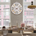 24 Inch Large Farmhouse Wall Clock - Rustic Antique Wood with Metal Circle & Engraved Numerals, Silent Battery Operated Clock for Living Room, Office, Kitchen, Bedroom