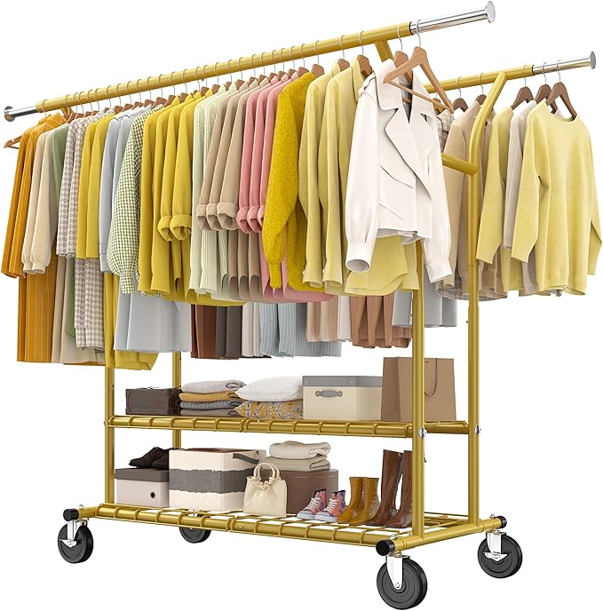 Raybee 74" W Heavy Duty Clothes Rack, Double Rods Gold Clothing Rack Load 630 LBS, Rolling Clothes Racks for Hanging Clothes 400+, Garment Rack with shelves for Bedroom, Laundry Room, Retail Store