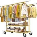 Raybee 74" W Heavy Duty Clothes Rack, Double Rods Gold Clothing Rack Load 630 LBS, Rolling Clothes Racks for Hanging Clothes 400+, Garment Rack with shelves for Bedroom, Laundry Room, Retail Store