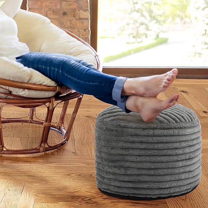 Round Stuffed Pouf Ottoman Foot Rest for Couch Round Ottoman with Foam Chunk Filling Stripe Faux Fur Ottomans for Living Room Floor (26"x18",Dark Grey)