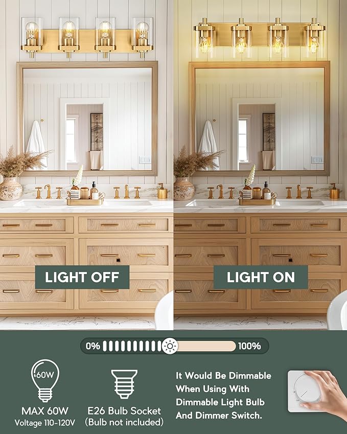 Bathroom Light Fixtures, 25" Brushed Gold Vanity Light, 4-Light Modern Wall Sconces with Square Clear Glass Shade, Vanity Lighting Fixtures Over Mirror, VL194-BG-4