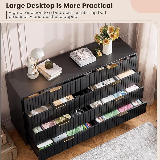 GarveeHome 8 Drawer Dresser for Bedroom, Fluted 55 in Wide Modern Chest of Drawers with Deep Drawers, Wooden Dresser Organizer for Living Room, Hallway, Kids Room, Black