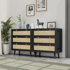Anmytek Black Dresser for Bedroom with 3 Drawers, Modern Wood 3 Drawer Dresser, Black Chest of Drawer with Spacious Storage Rattan Dresser for Bedroom Living Room H0075