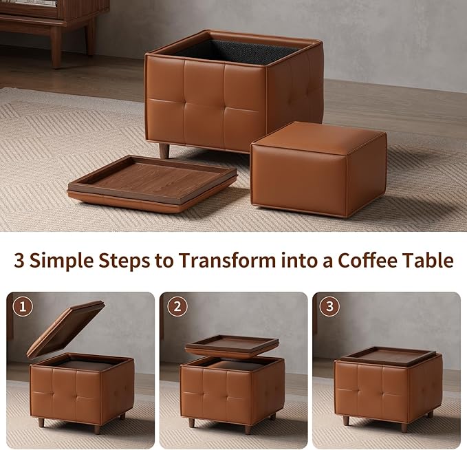 Square Ottoman with Storage Set of 2, Leather Coffee Table Ottoman, Multifunctional Foot Rest Stool with Storage for Living Room & Bedroom