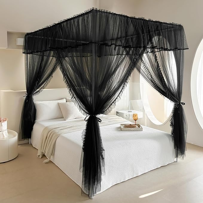 AIKASY 4 Corners Post Ruffle Princess Bed Canopy Curtain - Double Layer Cozy Drape Netting with 4 Openings - Elegant Mosquito Net for Girls and Adults Bedroom Decoration (Black, Queen)