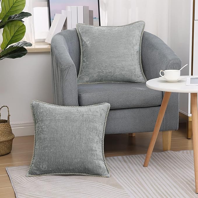 decorUhome Spring Chenille Soft Cozy Throw Pillow Covers 16x16 Set of 2, Modern Farmhouse Boho Velvet Decorative Pillow Cases with Stitched Edge for Couch Sofa Bed Home Decor, Neutral Gray