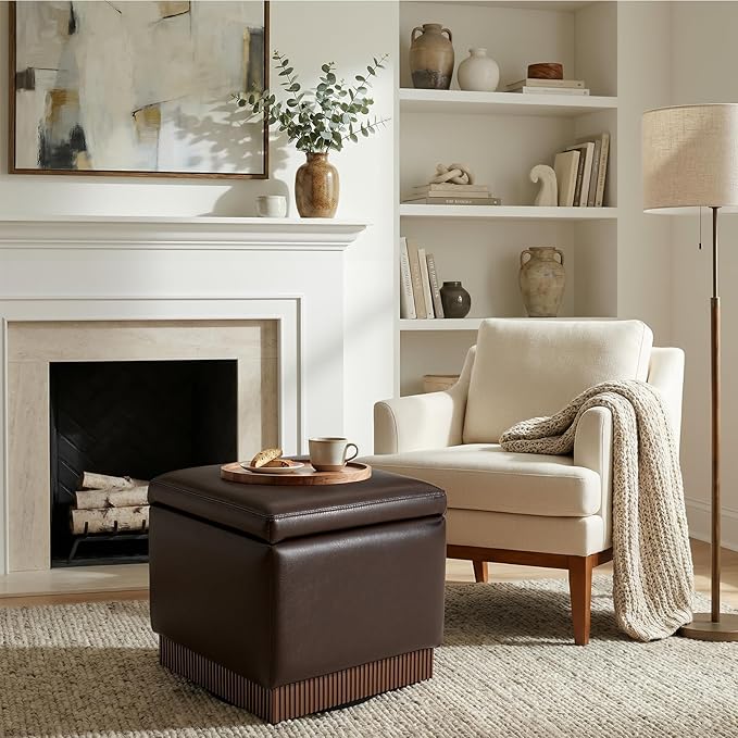 Swivel Storage Ottoman with Hidden Compartment, Square Faux Leather Footstool, Solid Acacia Wood Frame, 500 lbs Capacity, No Assembly Required, for Living Room & Bedroom