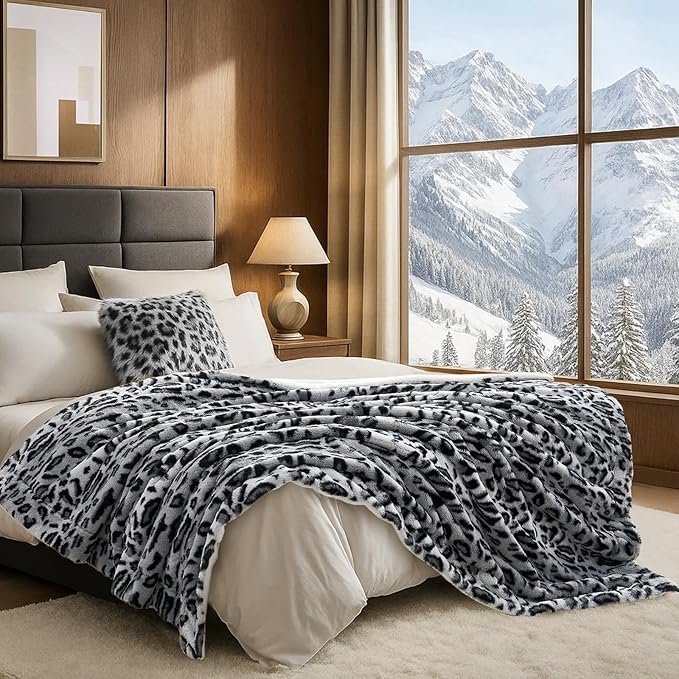Cozy Bliss Luxury Faux Fur Throw Blanket Leopard Print, Non Shedding Double Sided Sherpa Blankets Super Soft Fluffy Thick Warm Throws Home Decor for Couch Bed Sofa Women,60"*80"Inches Snow Leopard