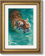 ARPEOTCY Gold Framed Canvas Wall Art, 11x14 Inch Swimming Tiger Painting, Vintage Wildlife Animal Artwork, Aqua Blue Nature Wall Decor for Living Room, Bedroom, Bathroom, or Office