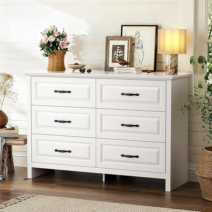 Marsail Farmhouse 6 Drawer Dresser, Wood Chest of Drawers with Natural Texture, Smooth Gliding Drawers, Versatile Storage Organizer Cabinet for Bedroom & Living Room, White