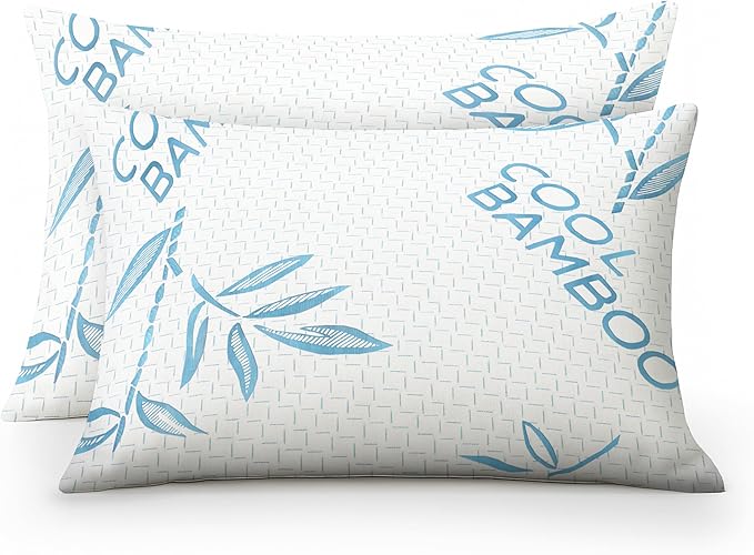 OMEO 2 Pack Bamboo Pillow Queen Size for Sleeping, Hypoallergenic Cooling Shredded Memory Foam Bed Pillows for Side, Back and Stomach Sleepers, Adjustable Loft and Washable Cover 20" x 30"