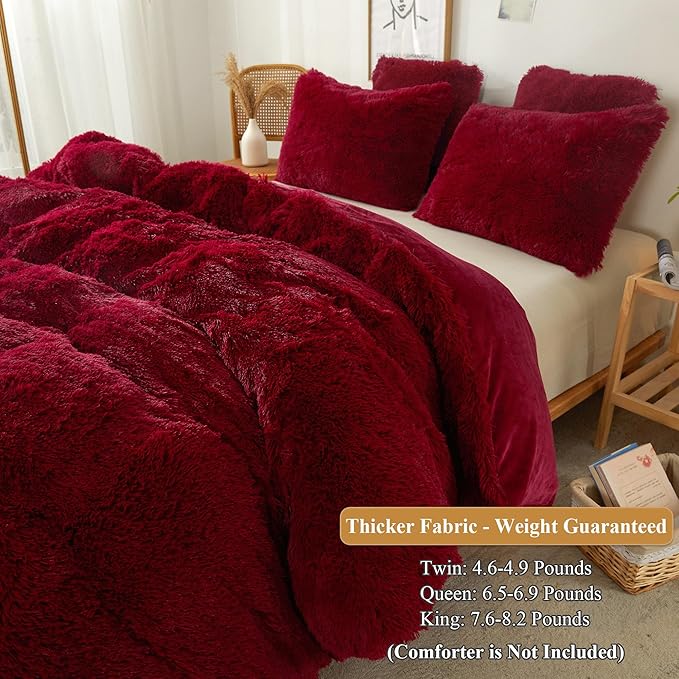 XeGe Plush Shaggy Duvet Cover Set, Luxury Soft Crystal Velvet Fluffy Furry Bedding Sets 2 Pieces(1 Faux Fur Fuzzy Comforter Cover + 1 Faux Fur Throw Pillow Sham), Zipper Closure (Twin, Red)