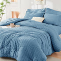 HYMOKEGE Mineral Blue King Size Comforter Set Seersucker 7 Pieces, All Season Luxury Bed in a Bag for Bedroom, Bedding Set with Comforter, Sheets, Pillowcases & Shams