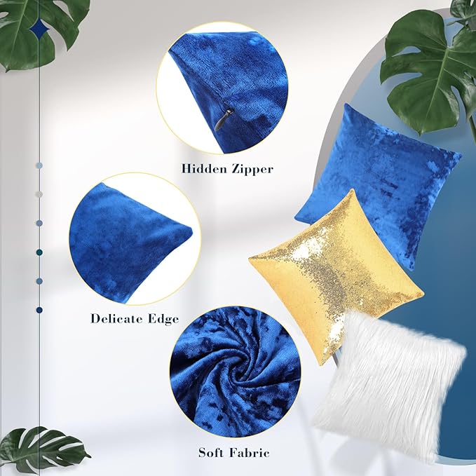 Pack of 6 Decorative Velvet Throw Pillow Covers Solid Square Soft Pillowcase Set Cushion Cases for Sofa Couch Bed Car Christmas Fall Home Decor 18 x 18 inch(Blue White Gold)