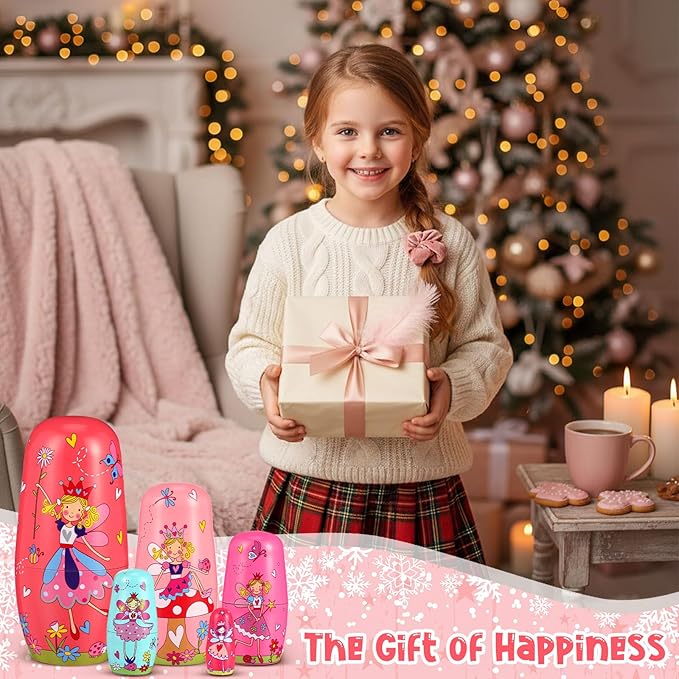 Gejoy Russian Nesting Dolls for Kids Handmade Matryoshka Wooden Stacking Toys Nesting Dolls Collectible Gifts for Winter Christmas Holiday Present Boys Girls Adults Home Decor(Flower Fairy)