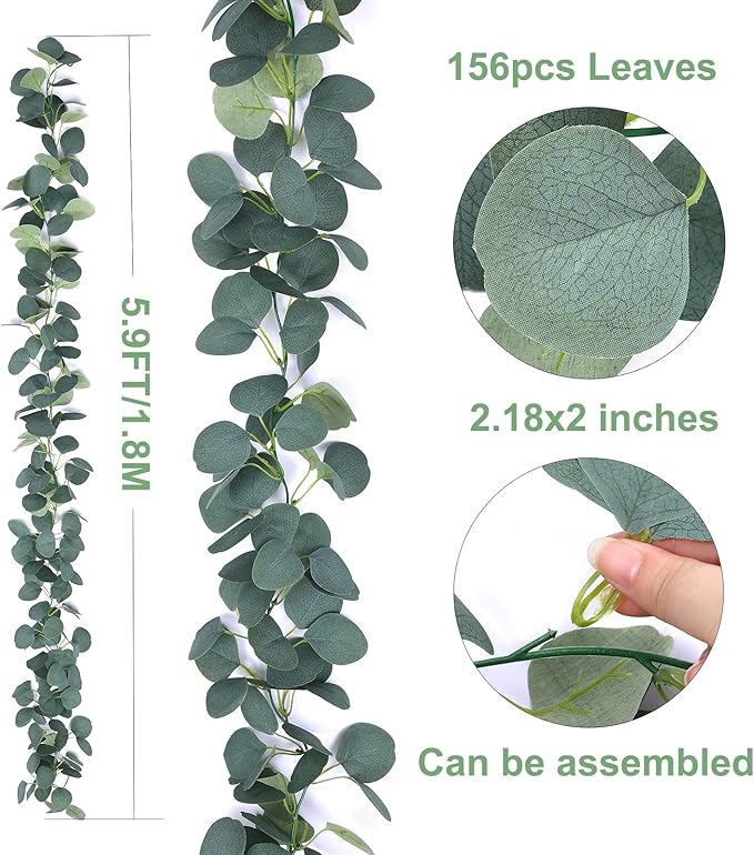 2 Pack Artificial Eucalyptus Garland Faux Silk Leaf Silver Dollar Eucalyptus Leaves Vines Handmade Garland Greenery Wedding Backdrop Indoor Outdoor Arch Wall Decoration