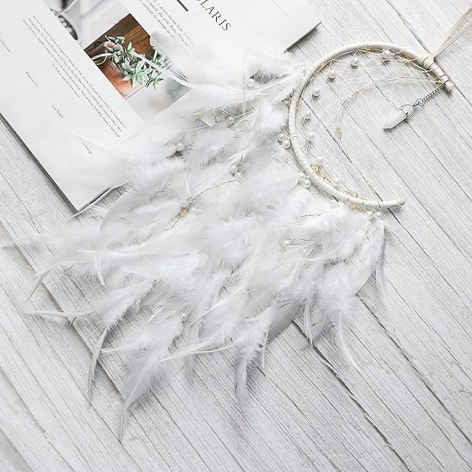 Dremisland Moon Dream Catcher with Fairy Lights-Handmade Feather Lucky Turquoise Pendant Beads Wall Hanging Ornament for Kids Bedroom Home Decoration,Art Craft Gift. (Pure White)