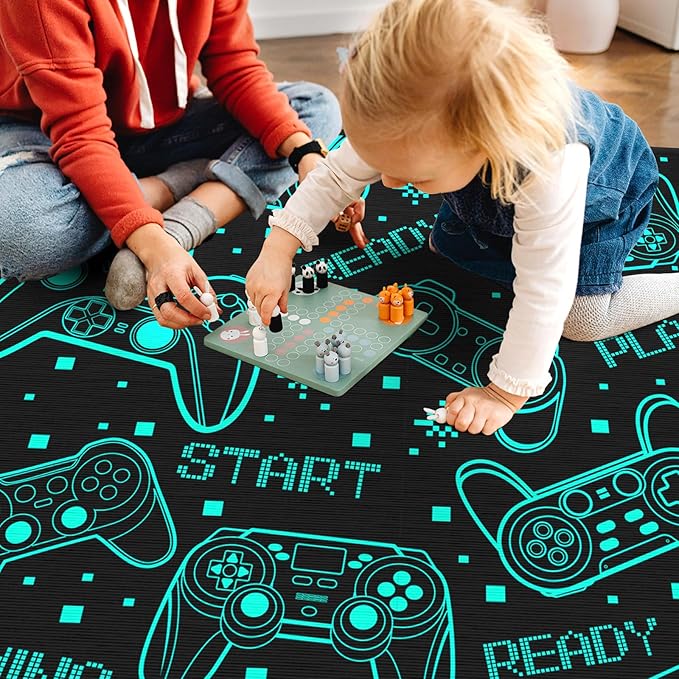 4x6 Gaming Rug for Boys Room - 3D Printed Games Theme Fluorescent Green Gamer Area Rug for Livingroom Teen Boy Gamer Room Rug Decor Video Game Area Carpet for Bedroom,Game Room
