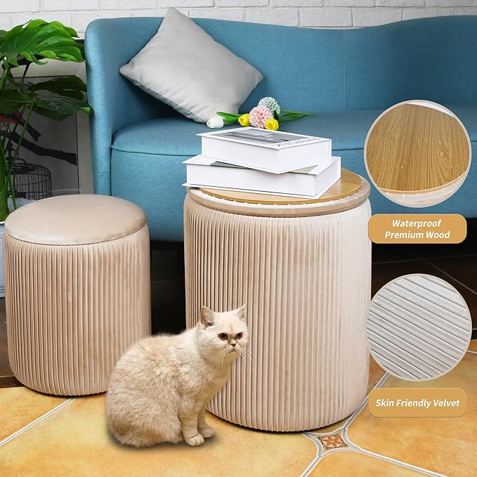Round Ottoman with Storage Set of 2, Multi-Functional Velvet Vanity Stool for Bedroom, Ottomans Coffee Table Padded Seat Foot Rest for Living Room (Beige)