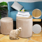 Round Ottoman with Storage Set of 2, Multi-Functional Velvet Vanity Stool for Bedroom, Ottomans Coffee Table Padded Seat Foot Rest for Living Room (Beige)