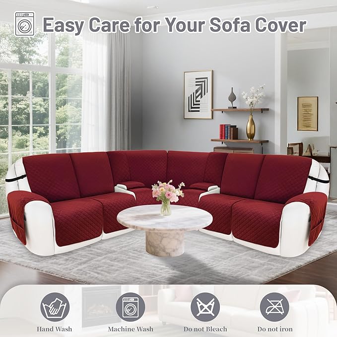 Recliner Sofa Covers 100% Waterproof Velvet L Shape Recliner Couch Covers for Dogs Pets Washable Anti Slip Recliner Slipcovers with Pockets (5 Seat Sofa with 2 Console, Wine Red)