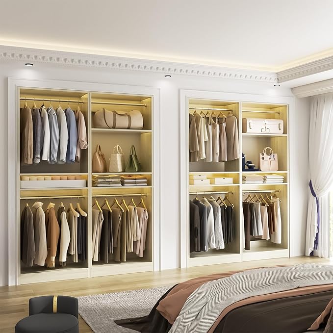 Unikito 100” Closet System, 8.3FT Wood Closet Storage Organizer with 8 Hanging Rods, Adjustable Large Walk in Wardrobe Closet Tower, Sturdy Clothes Garment Rack, Easy Assembly, Set of 4, White Oak