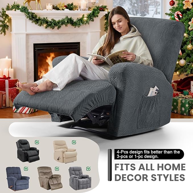 VANSOFY Recliner Chair Covers, 4-Pieces Stretch Recliner Cover Jacquard Soft Reclining Chair Slipcover Furniture Protector with Elastic Bottom for Lazy Boy Recliner(Dark Gray)